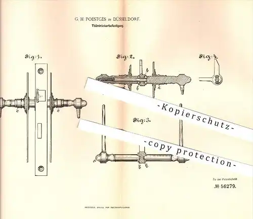 original Patent - G. H. Poestges , Düsseldorf  1890 , Befestigung für Türdrücker , Tür , Türen , Schlosser , Schlosserei