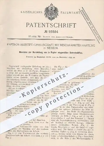 original Patent - Papyros Bleistift GmbH , Neheim  1895 , Herstellung von in Papier eingerollten Schreibstiften , Stifte
