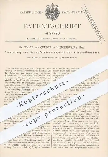 original Patent - Dr. O. von Gruber , Vienenburg Harz 1883 , Darstellung von Schwefelsäureanhydrid aus Nitrosulfonsäure