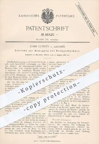 original Patent - J. Conzen , Aachen , 1888 , Getriebe zur Bewegung des Krempelhackers , Spinnrad , Spinnerei , Spinnen