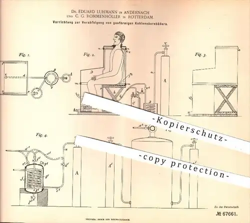 original Patent - Dr. E. Luhmann , Andernach u. C. G. Rommenhöller , Rotterdam , 1892 , gasförmige Kohlensäure - Bäder
