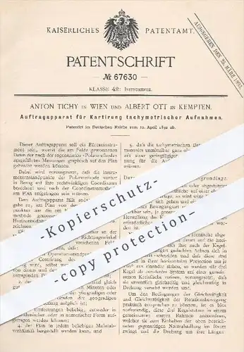original Patent - A. Tichy , Wien u. A. Ott , Kempten , 1892 , Auftragapparat für Kartierung tachymetrischer Aufnahmen !