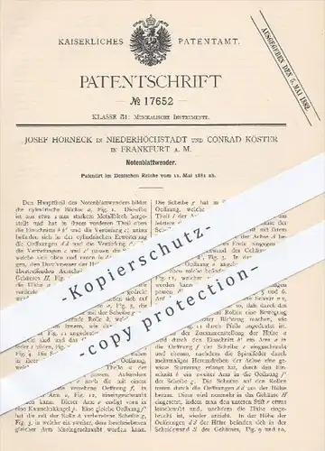 original Patent - J. Horneck , Niederhöchststadt u. Conrad Köster , Frankfurt / Main , 1881 , Notenblattwender , Musik !