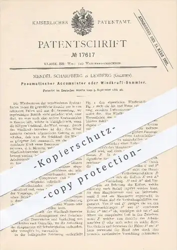 original Patent - Mendel Scharfberg in Lemberg , Galizien , 1881 , Pneumatischer Akkumulator o. Windkraft - Sammler !!!