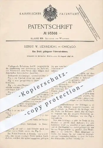 original Patent - Henry W. Henneberg , Chicago , 1896 , Aus Draht gebogener Fahrradrahmen , Fahrrad , Fahrräder , Rahmen