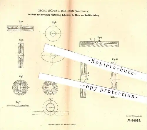 original Patent - G. Höper , Iserlohn 1890 , ringförmige Gussstücke zur Herstellung von Blech u. Draht , Gießerei , Guss