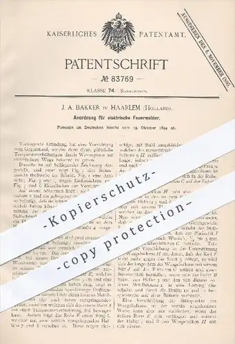 original Patent - J. A. Bakker in Haarlem , Holland , 1894 , Anordnung für elektrische Feuermelder , Feuerwehr , Feuer !