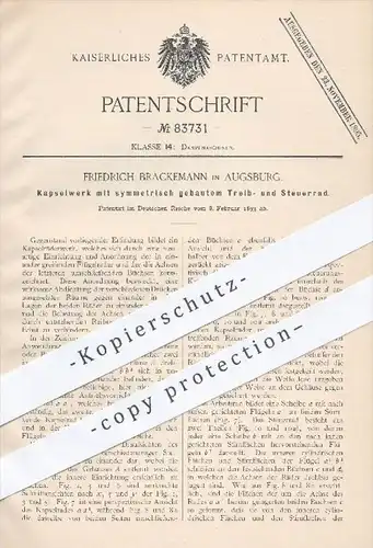 original Patent - Fr. Brackemann , Augsburg , 1893 , Kapselwerk mit symmetrischem Treibrad u. Steuerrad , Dampfmaschinen