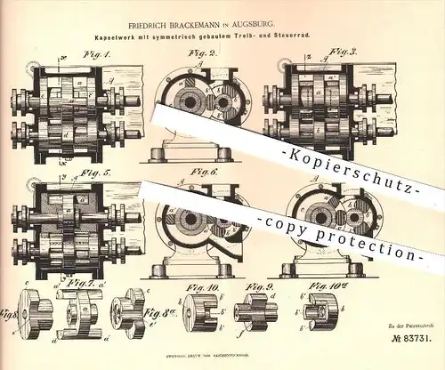 original Patent - Fr. Brackemann , Augsburg , 1893 , Kapselwerk mit symmetrischem Treibrad u. Steuerrad , Dampfmaschinen
