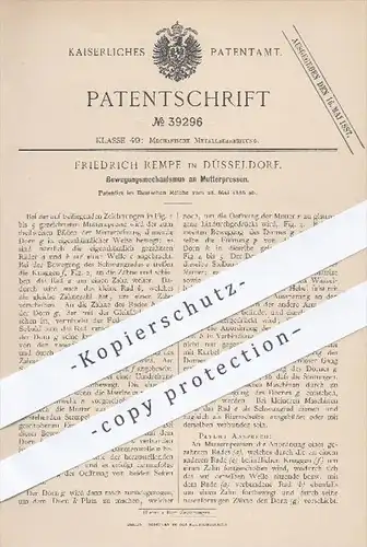 original Patent - Fr. Rempe , Düsseldorf , 1886 , Bewegungsmechanismus an Mutterpressen , Presse , Pressen , Metall !!!