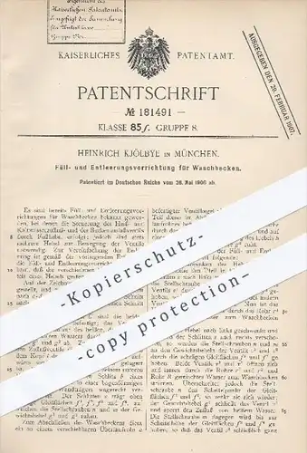 original Patent - H. Kjölbye , München , 1906 , Füllen u. Entleeren von Waschbecken , Wasserleitung , Sanitär , Klempner