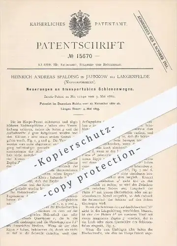 original Patent - H. A. Spalding , Jahnkow / Langenfelde , 1880 , transportable Schienenwege , Schienen , Eisenbahn !!!