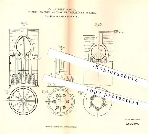 original Patent - Graf Albert de Dion , Thadée Bouton , Charles Trépardoux , Paris , 1883 , Vertikaler Dampfkessel !!!