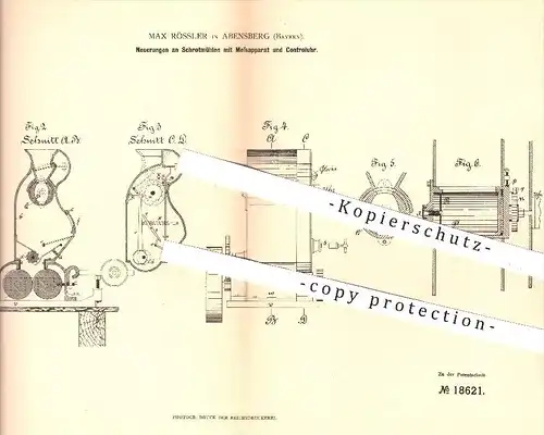 original Patent - Max Rössler in Arensberg , 1881 , Schrotmühle mit Messapparat u. Kontrolluhr , Mühle , Mühlen , Müller