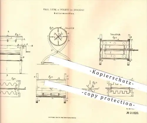 original Patent - Paul Lenk in Pölbitz bei Zwickau , 1882 , Buttermaschine , Butter , Butterfass , Landwirtschaft !!!