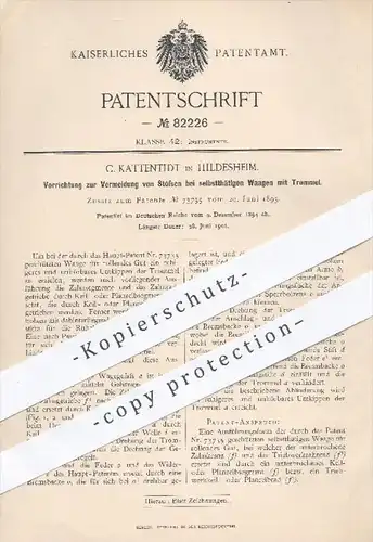 original Patent - C. Kattentidt , Hildesheim , 1894 , Vermeidung von Stößen bei selbsttätigen Waagen mit Trommel , Waage