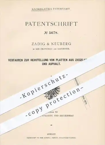 original Patent - Zadig & Neuberg , San Francisco  USA / Hannover , 1878 , Platten aus Ziegelsteinen u. Asphalt , Ziegel