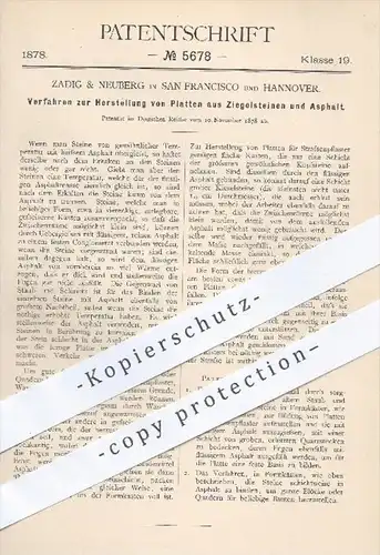 original Patent - Zadig & Neuberg , San Francisco  USA / Hannover , 1878 , Platten aus Ziegelsteinen u. Asphalt , Ziegel