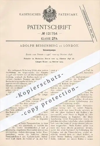 original Patent - Adolph Berrenberg in London , 1898 , Vakuumpumpe , Pumpe , Pumpen , Vakuum , Kolben , Motor !!!
