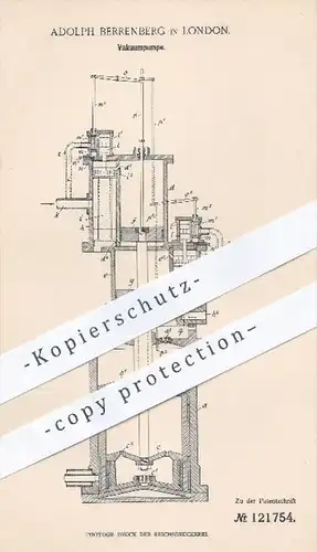 original Patent - Adolph Berrenberg in London , 1898 , Vakuumpumpe , Pumpe , Pumpen , Vakuum , Kolben , Motor !!!