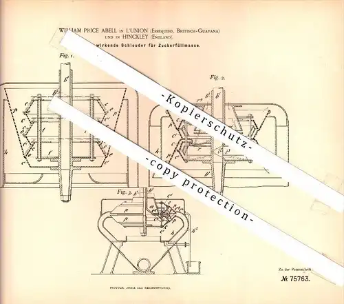 Original Patent - W. Price Abell in L' Union , Essequibo , and in Hinckley , 1892 , sugar factory !!!