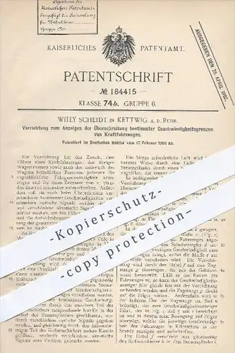 original Patent - W. Scheidt , Kettwig / Ruhr 1906 , Anzeigen der Geschwindigkeitsüberschreitung am Kraftfahrzeug , Auto