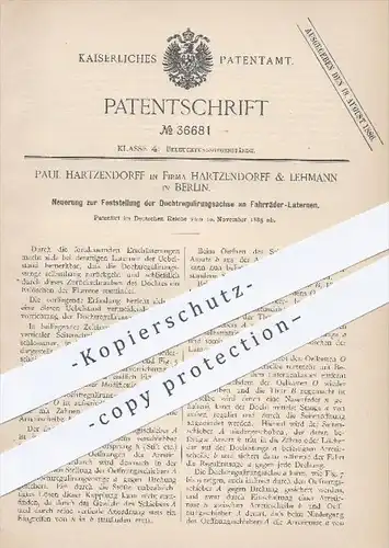 original Patent - Hartzendorff & Lehmann , Berlin , 1885 , Dochtregulierungsachse an Fahrrad - Laternen , Lampen !!!