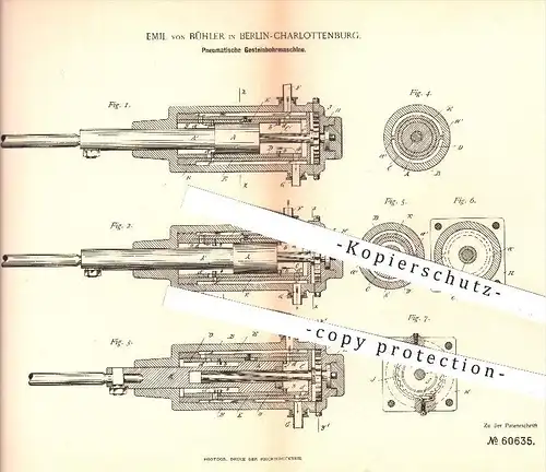 original Patent - E. von Bühler , Berlin Charlottenburg , 1891 , Pneumatische Bohrmaschine für Gestein , Stein , Bergbau