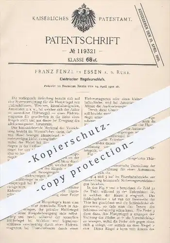 original Patent - Franz Fenzl , Essen / Ruhr , 1900 , Elektrischer Riegelverschluss , Riegel , Türschloss , Eisenbahn !!