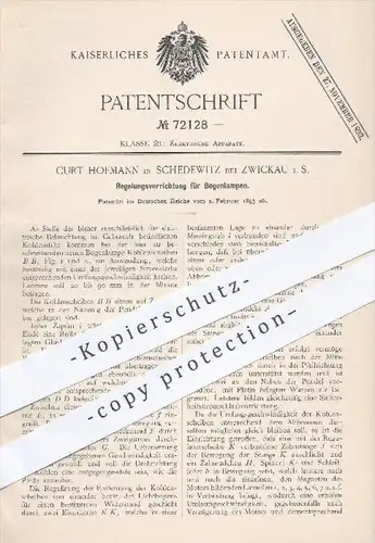 original Patent - C. Hofmann , Schedewitz  Zwickau , 1893 , Regelung für Bogenlampen , Lampe , Lampen , Licht , Elektrik