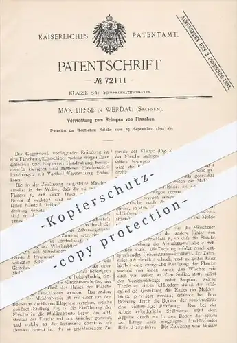 original Patent - Max Hesse in Werdau , 1892 , Reinigen von Flaschen , Flasche , Glas , Gastronomie , Spülmaschine !!!