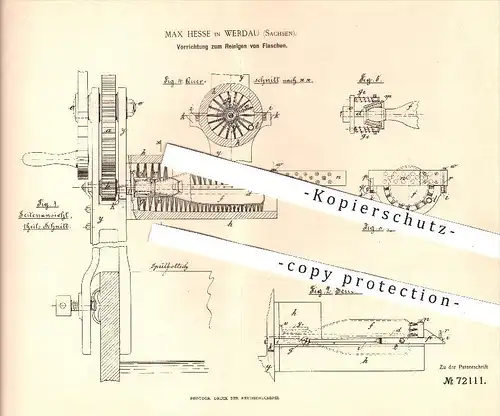 original Patent - Max Hesse in Werdau , 1892 , Reinigen von Flaschen , Flasche , Glas , Gastronomie , Spülmaschine !!!