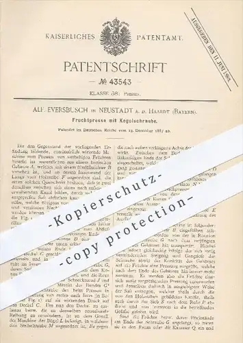 original Patent - A. Eversbusch , Neustadt / Haardt , 1887 , Fruchtpresse mit Kegelschraube , Presse , Pressen , Früchte