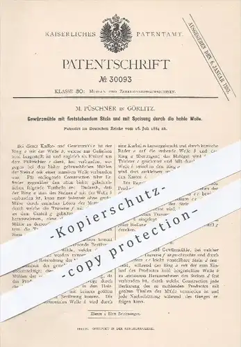 original Patent - M. Püschner in Görlitz , 1884 , Gewürzmühle mit festem Stein , Mühle , Mühlen , Gewürze , Müller !!!