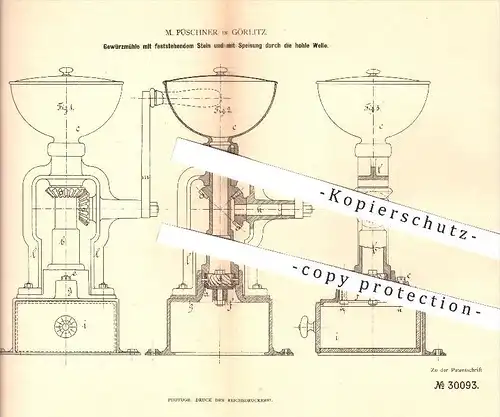 original Patent - M. Püschner in Görlitz , 1884 , Gewürzmühle mit festem Stein , Mühle , Mühlen , Gewürze , Müller !!!