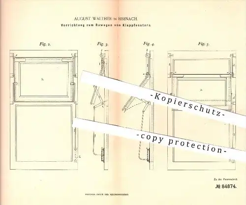 original Patent - August Walther in Eisenach , 1895 , Bewegen von Klappfenstern , Fenster , Fensterbau , Schlosser !!!
