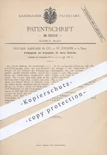 original Patent - Dingler , Karcher & Co. St. Johann / Saar , 1886 , Fördergestell mit Drehscheibe , Bergbau , Schacht