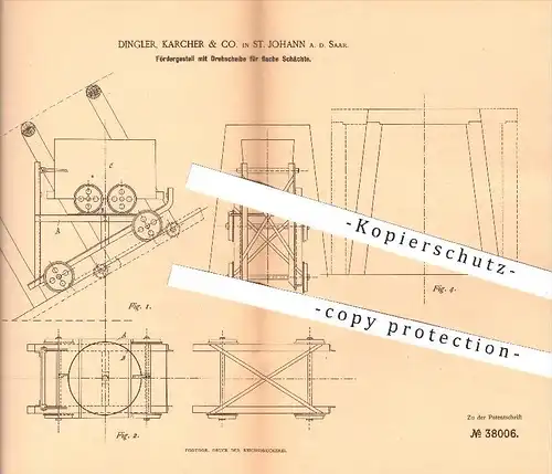 original Patent - Dingler , Karcher & Co. St. Johann / Saar , 1886 , Fördergestell mit Drehscheibe , Bergbau , Schacht
