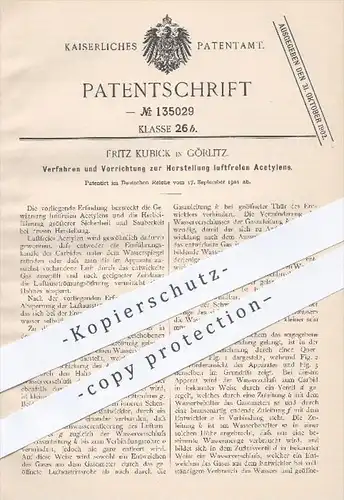 original Patent - Fritz Kubick in Görlitz , 1901 , Herstellung von luftfreiem Acetylen , Karbid , Gas , Gase , Gasometer