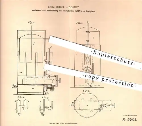 original Patent - Fritz Kubick in Görlitz , 1901 , Herstellung von luftfreiem Acetylen , Karbid , Gas , Gase , Gasometer