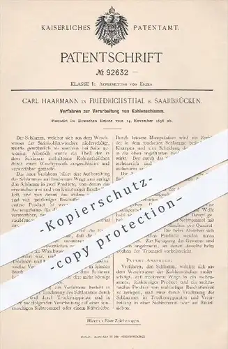 original Patent - C. Haarmann , Friedrichsthal / Saarbrücken , 1896 , Verarbeitung von Kohlenschlamm , Erz  Erze , Kohle