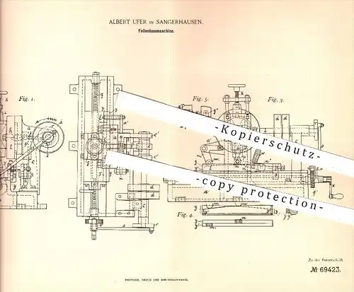 original Patent - Albert Ufer in Sangerhausen , 1892 , Feilenhaumaschine , Feile , Feilen , Metall , Werkzeug , Meissel