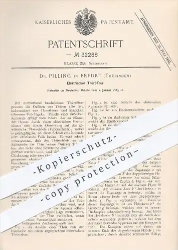 original Patent - Dr. Pilling in Erfurt , 1885 , Elektrischer Türöffner , Tür , Türen , Türschloss , Schloss , Schlosser
