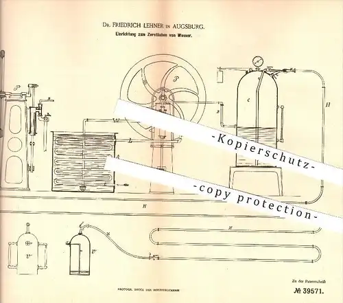 original Patent - Dr. Fr. Lehner , Augsburg , 1886 , Einrichtung zum Zerstäuben von Wasser , Wasserleitung , Zerstäuber