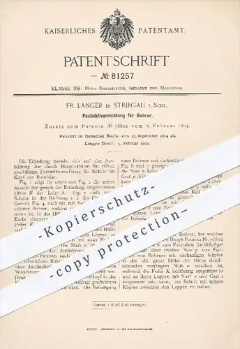 original Patent - F. Langer , Striegau 1894 , Feststellvorrichtung für Bohrer , Bohrmaschine , Bohren , Holz  Holzbohrer