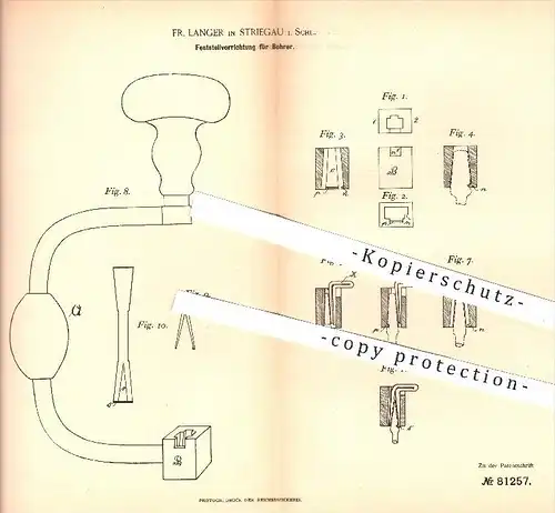 original Patent - F. Langer , Striegau 1894 , Feststellvorrichtung für Bohrer , Bohrmaschine , Bohren , Holz  Holzbohrer