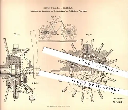 original Patent - Horst Steudel , Dresden , 1894 , Ausschalten der Tretkurbelachse u. Treibkette am Fahrrad , Fahrräder