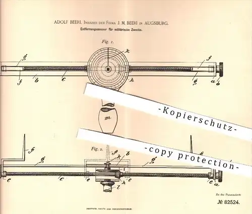 original Patent - A. Beeri , Augsburg , 1894 , Entfernungsmesser für militätische Zwecke , Entfernung messen , Militär !