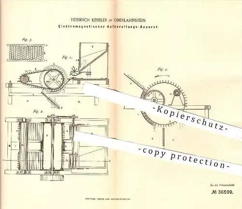 original Patent - Heinr. Kessler in Oberlahnstein , 1886 , Elektromagnetische Aufbereitung , Erz , Erze , Eisen , Metall