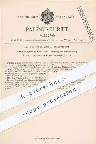 original Patent - F. Eiermann , Pforzheim , 1897 , Motten töten durch Anwendung von Cumarinlösung , Schädlingsbekämpfung